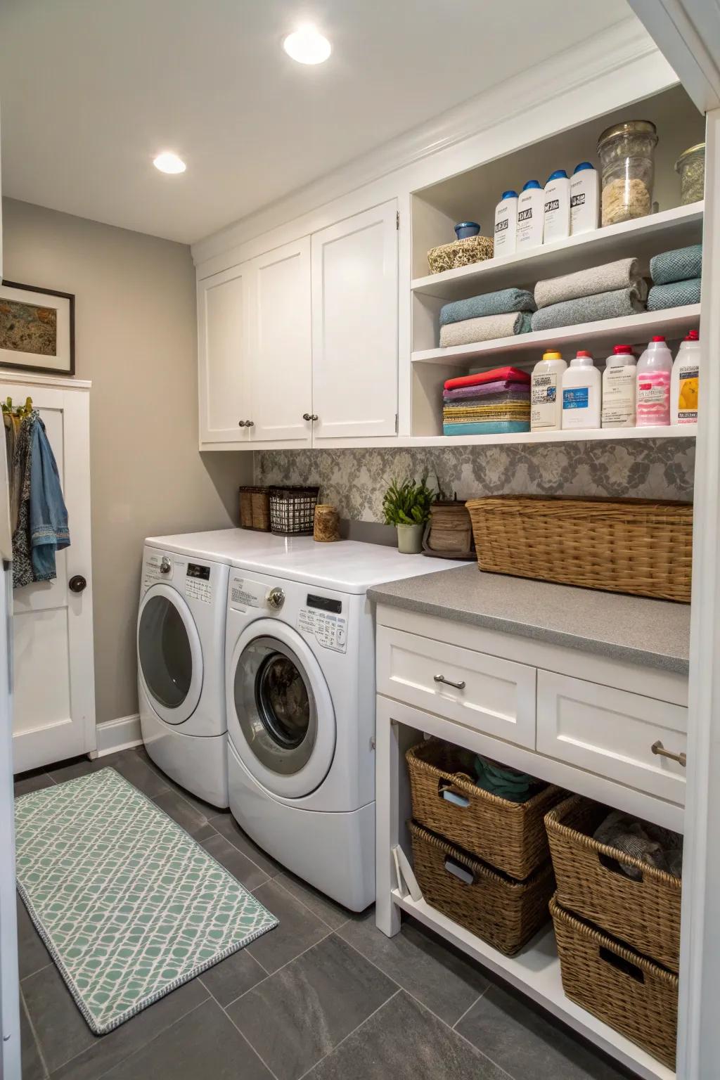 A well-organized, compact layout in a small laundry room.