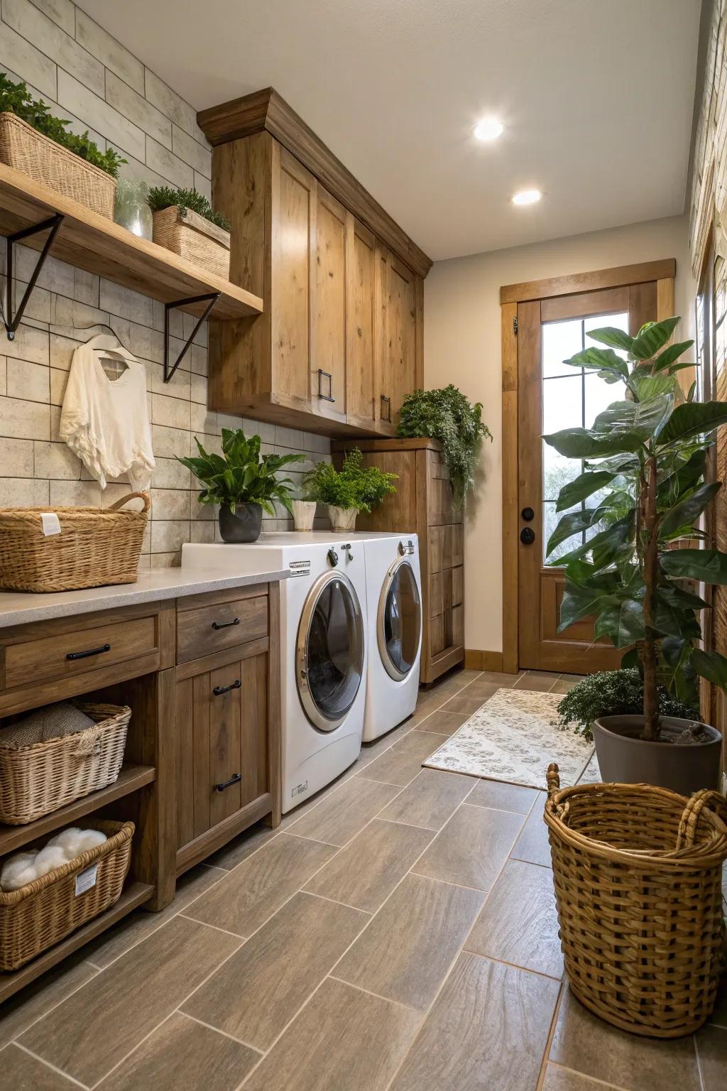 Natural materials infuse the laundry room with warmth and earthiness.