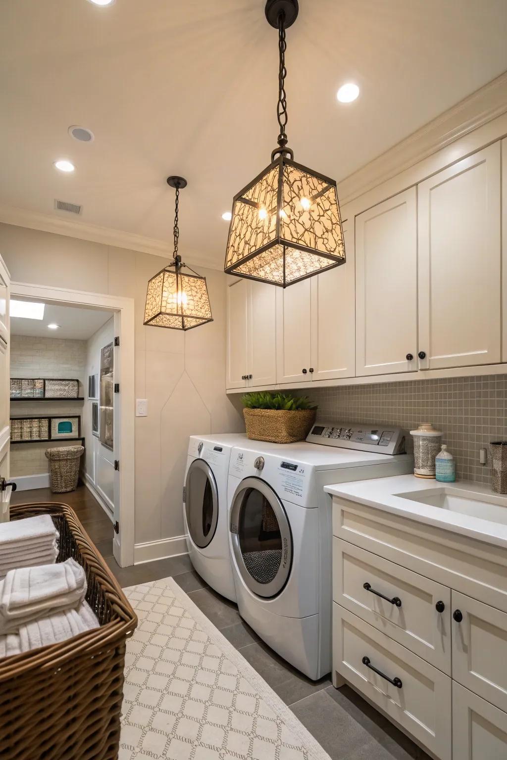 Thoughtfully arranged lighting enhances the laundry room’s atmosphere.