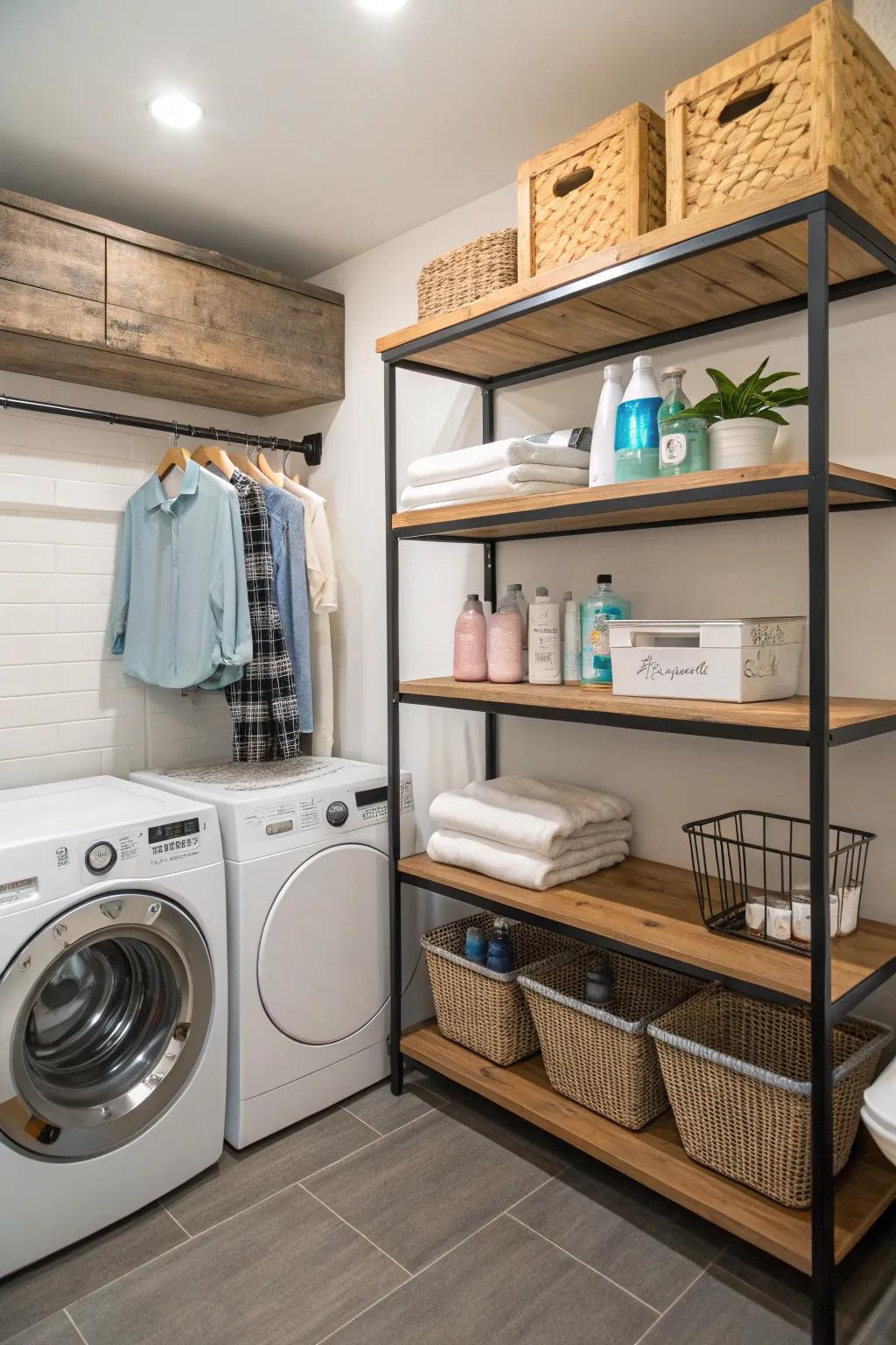 A mix of wood and metal shelving creates a distinctive look.