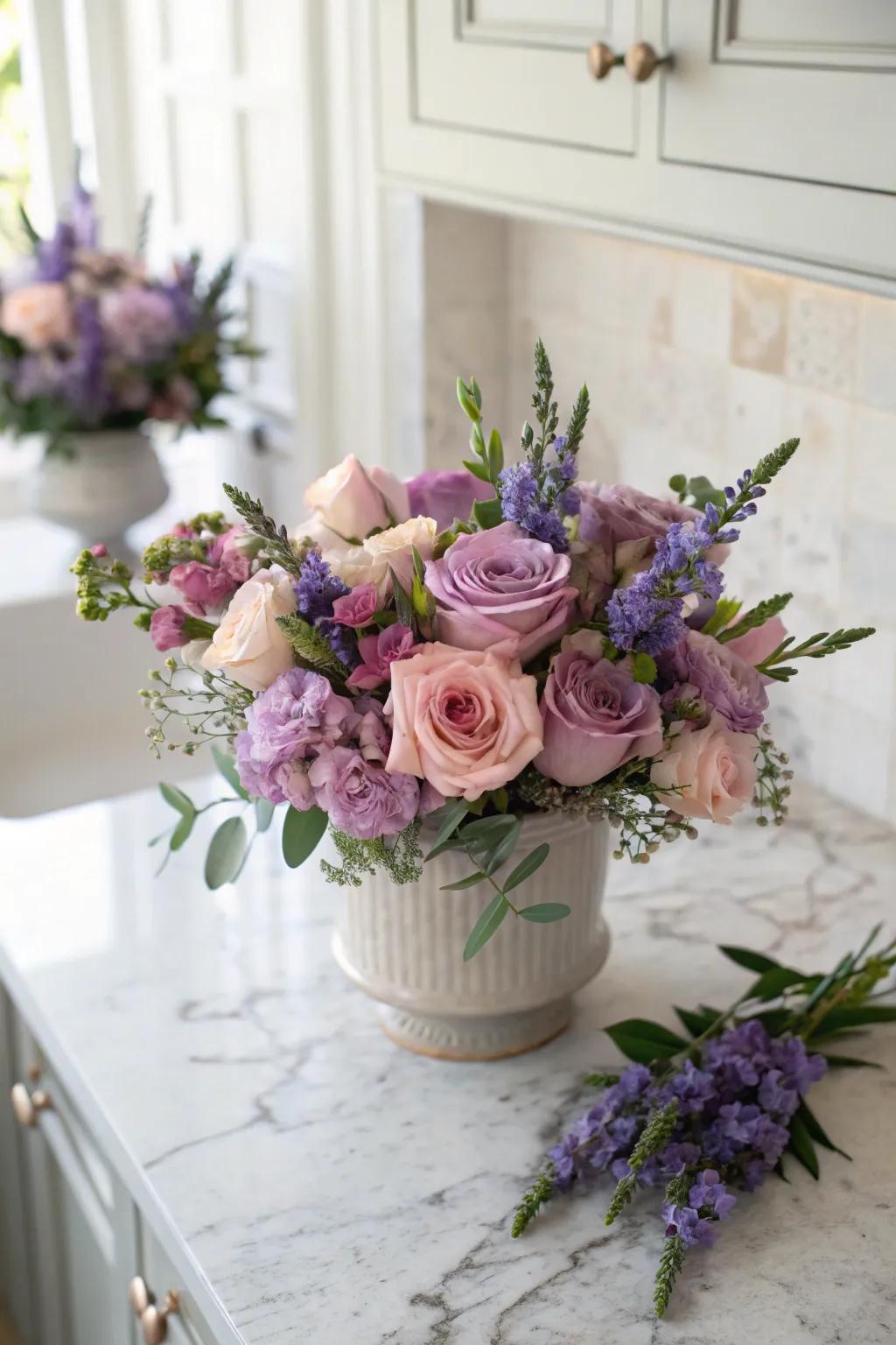 An amorous pairing of lavender and roses.