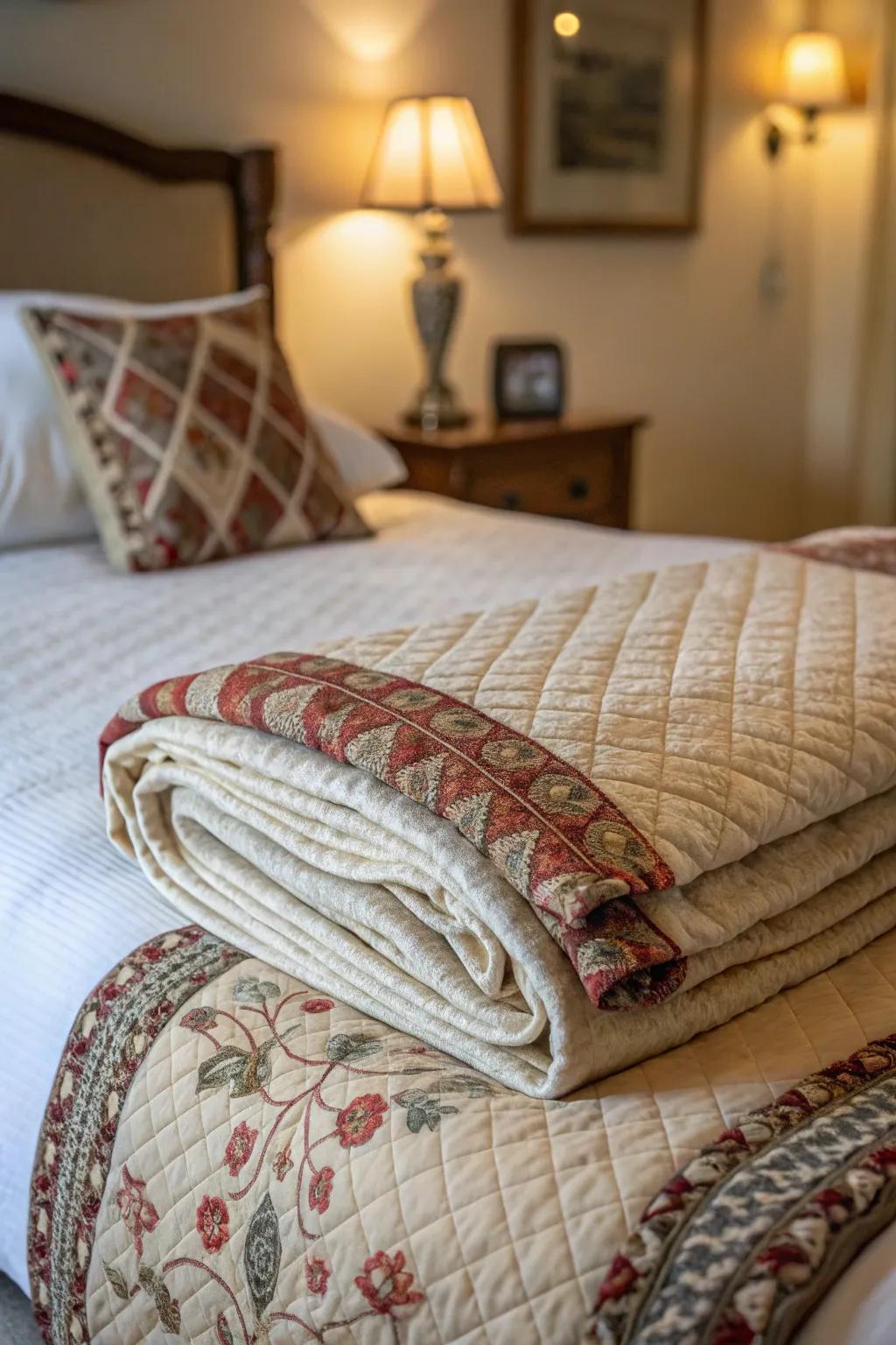 A weaved quilt incorporating dimension and uniqueness to the bedding arrangement.