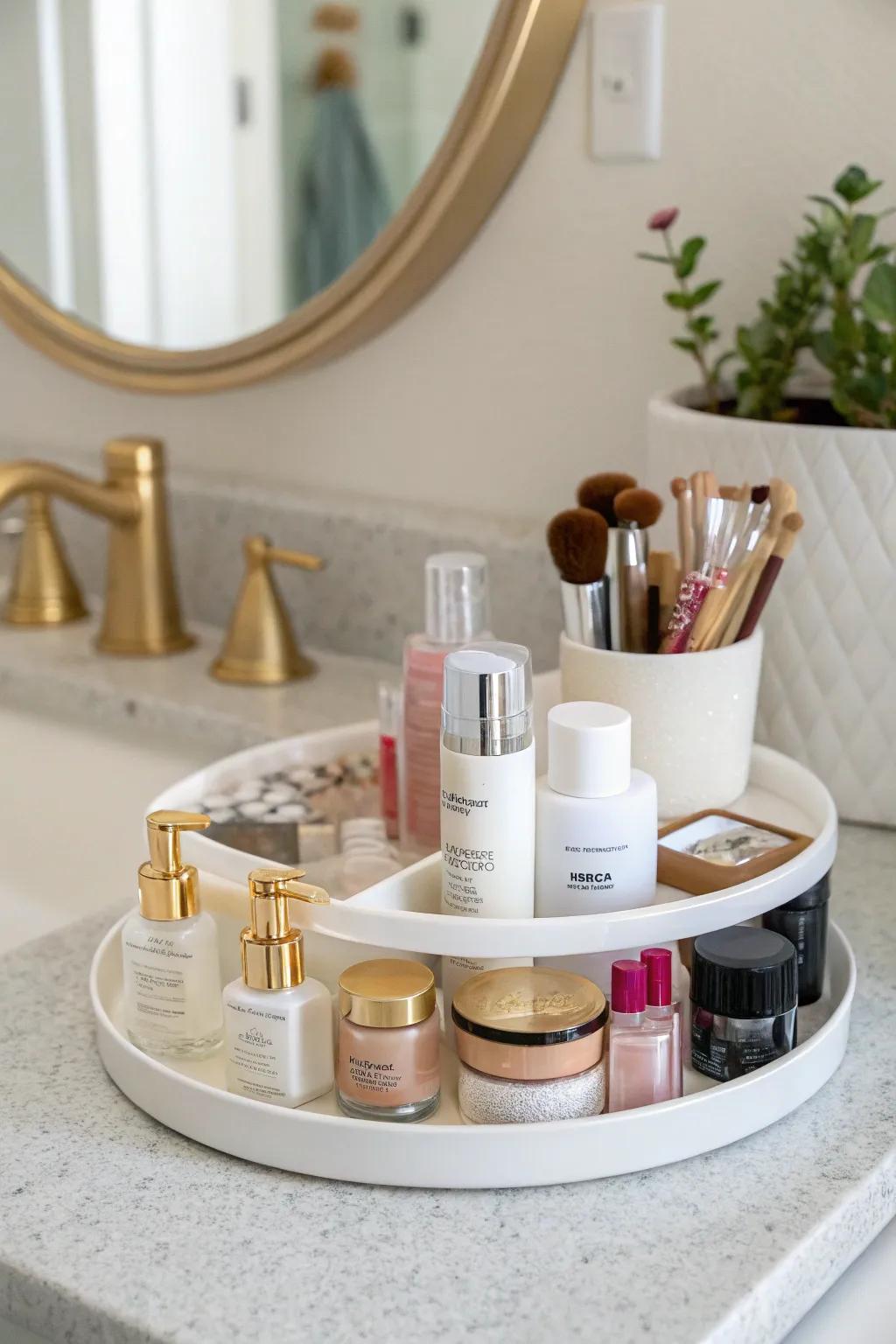 Keep your bathroom essentials neatly arranged with a stylish spinning organizer.