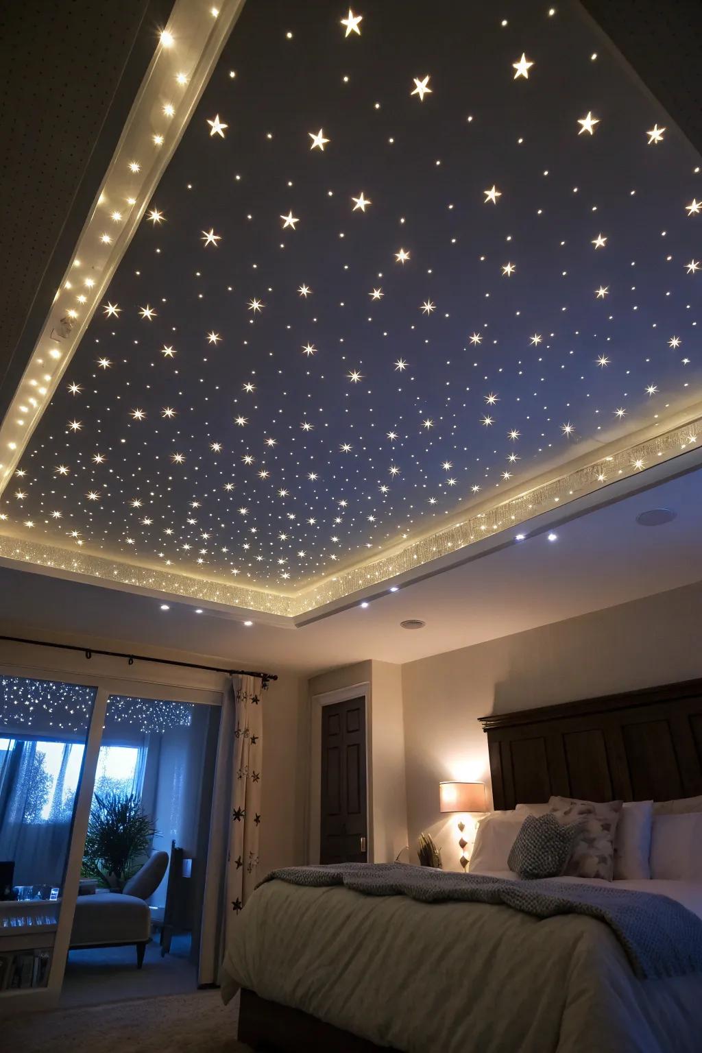 A ceiling embellished with illuminating bands to evoke a celestial night.