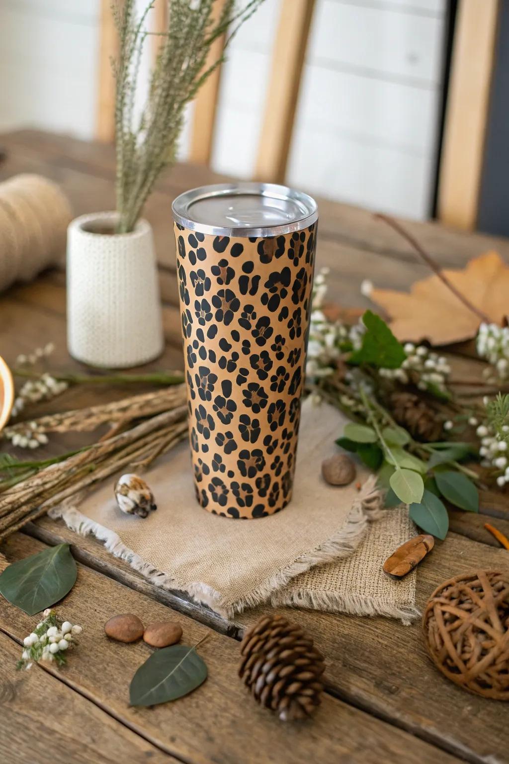 Embrace countryside appeal with a jungle cat print cup in a natural setting.