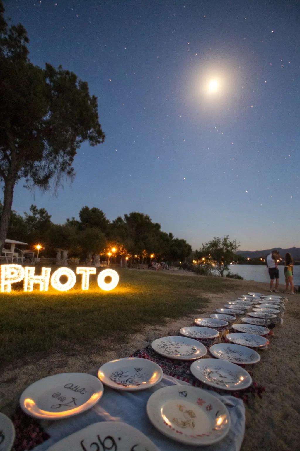An outdoor ritual under the full moon, featuring plates filled with personal messages.