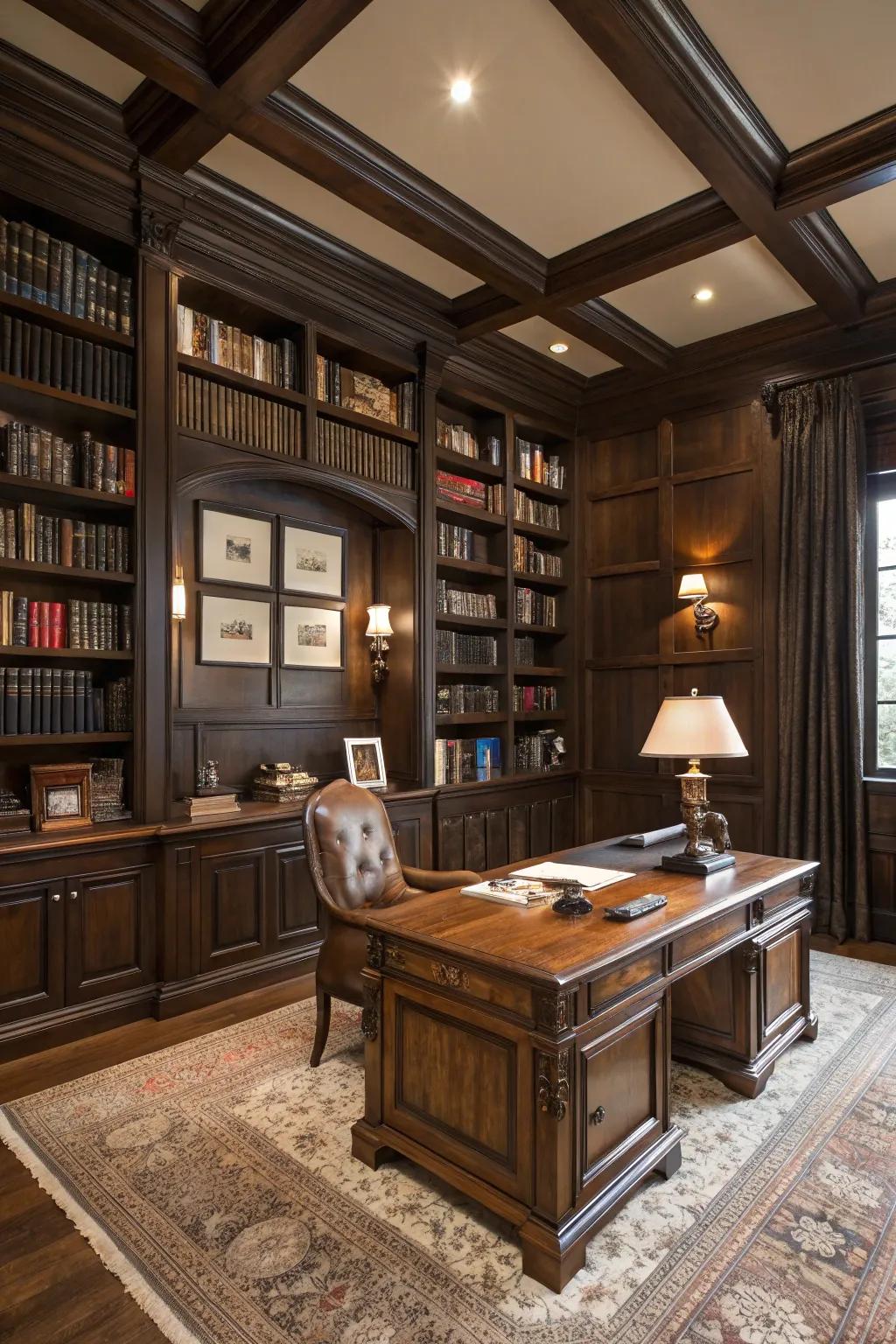 An elegant library showcasing traditional furniture and deep wood hues.