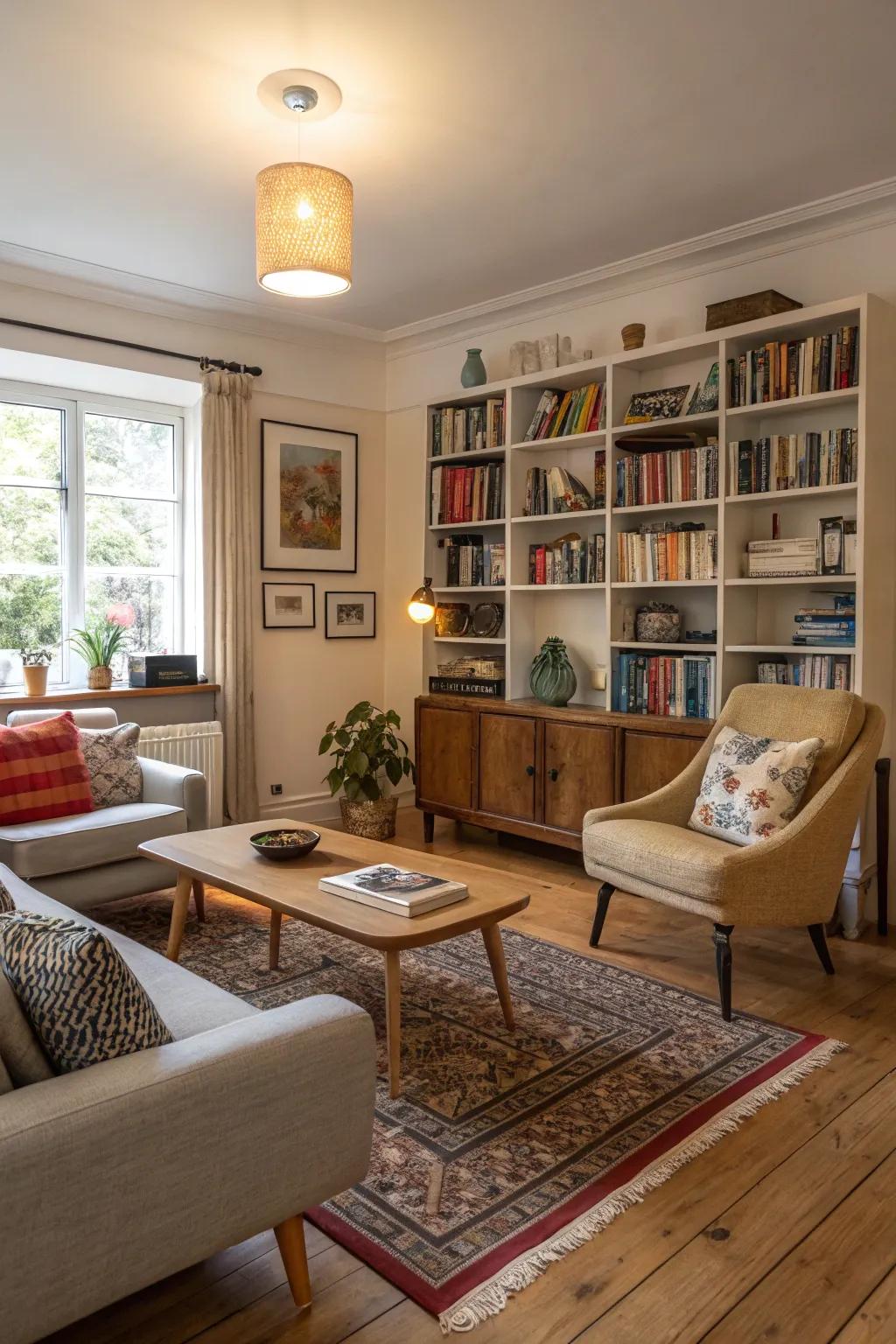 An artful convergence of furniture styles graces a living area featuring light wooden floors, producing an ambiance of uniqueness and hospitality.