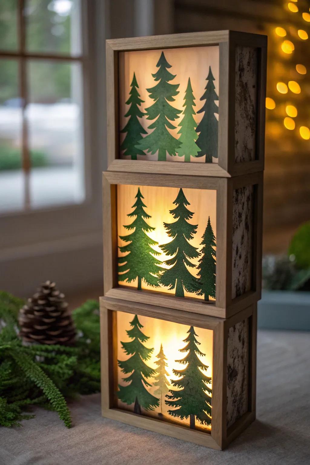 An aglow 3D forest featured inside a shadow box