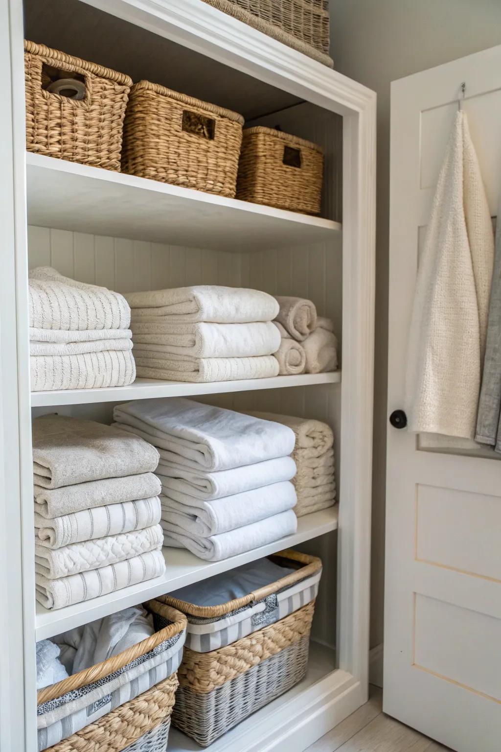 Consistent baskets lead to a harmonious and tidy linen closet.