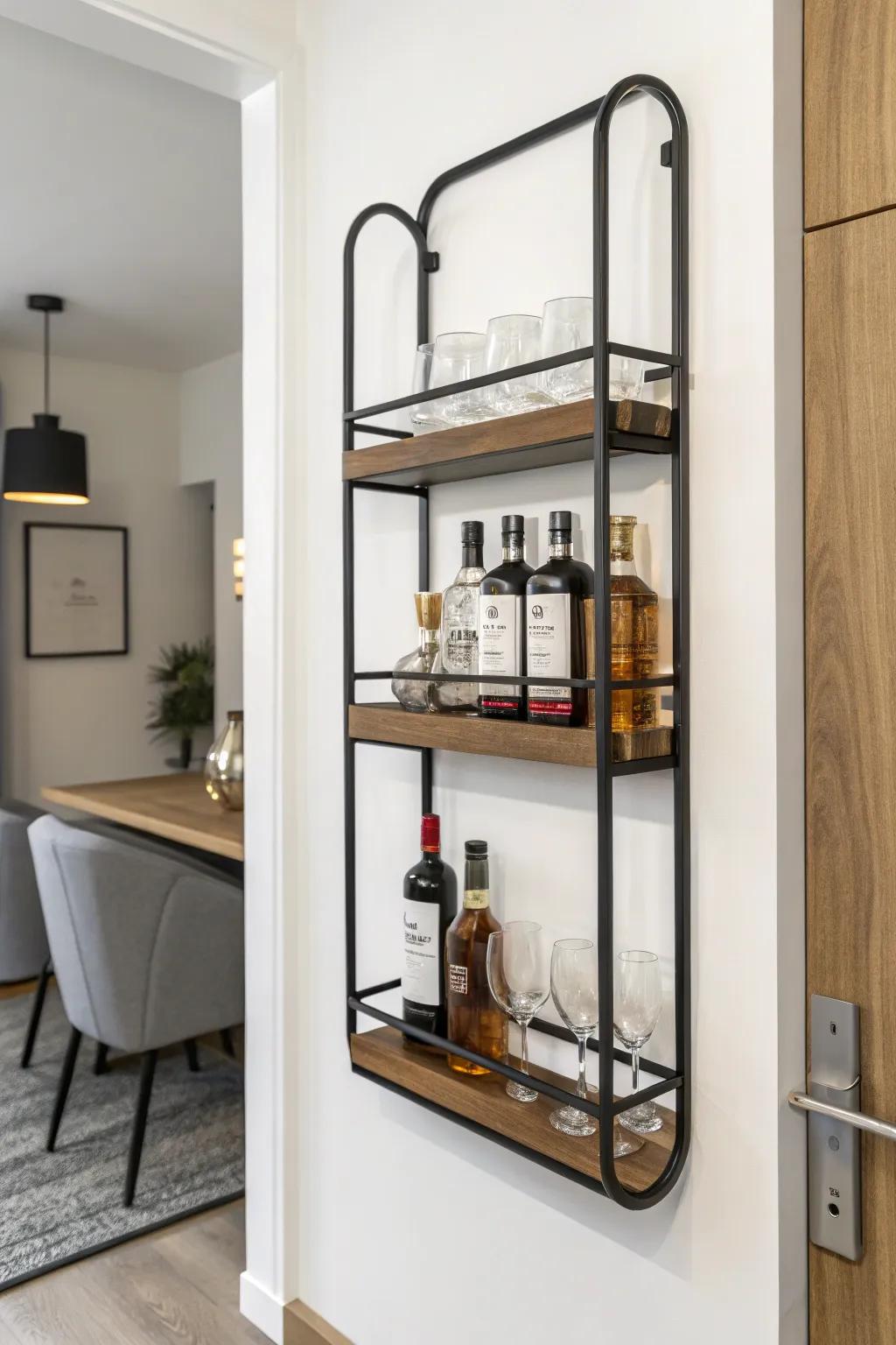Minimalist charm with a wall-mounted liquor rack.