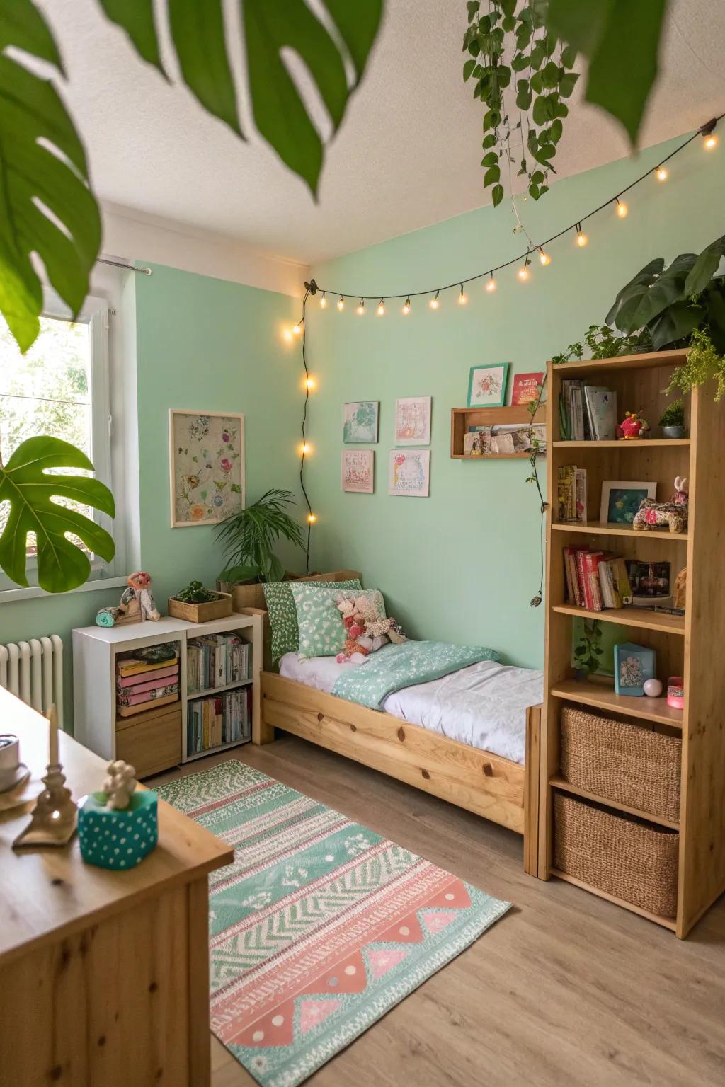 Nature-themed verdant hues establish a tranquil and refreshing space.