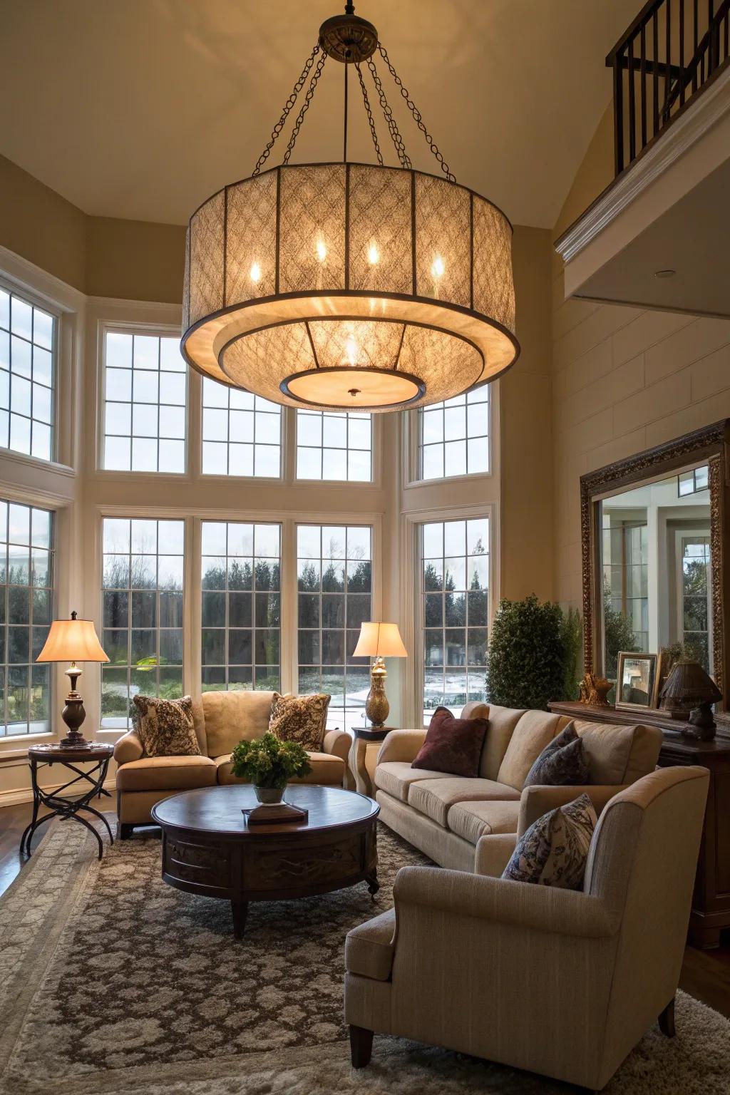 Oversized pendants function as striking showpieces.