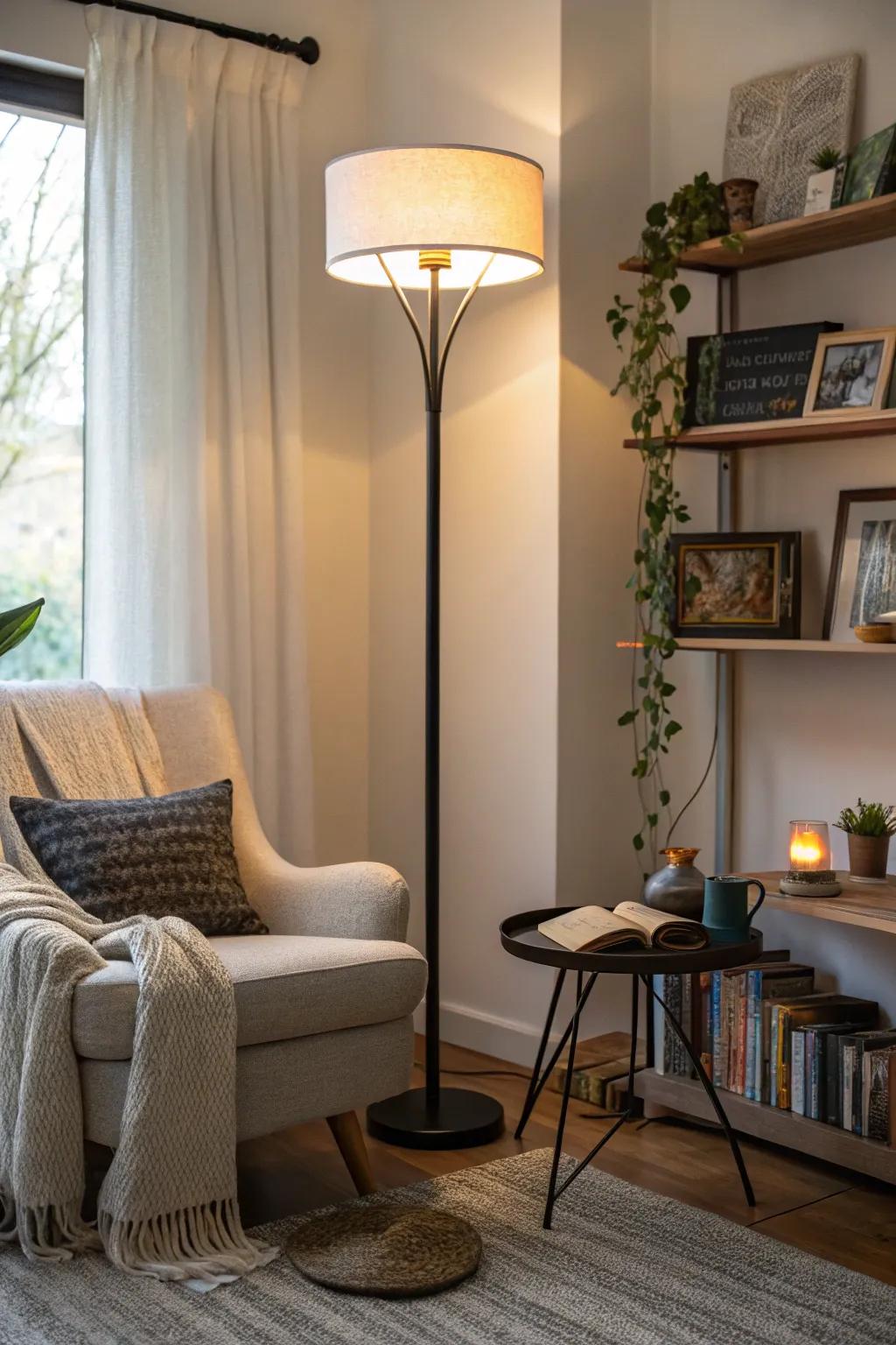 A floor lamp serves as a light source and a decorative accent.