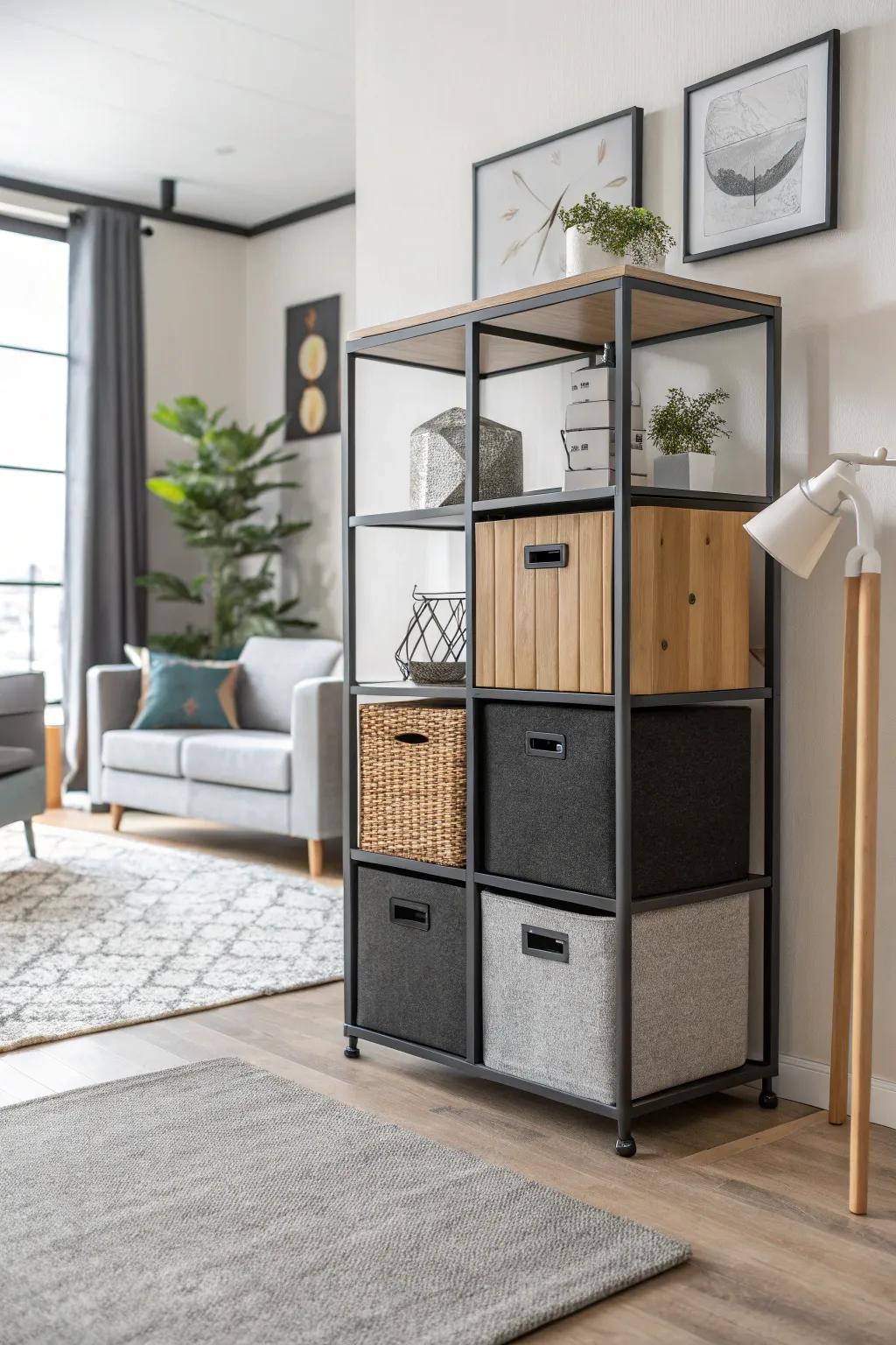 A mix of materials in cube storage enriches the room with texture and depth.