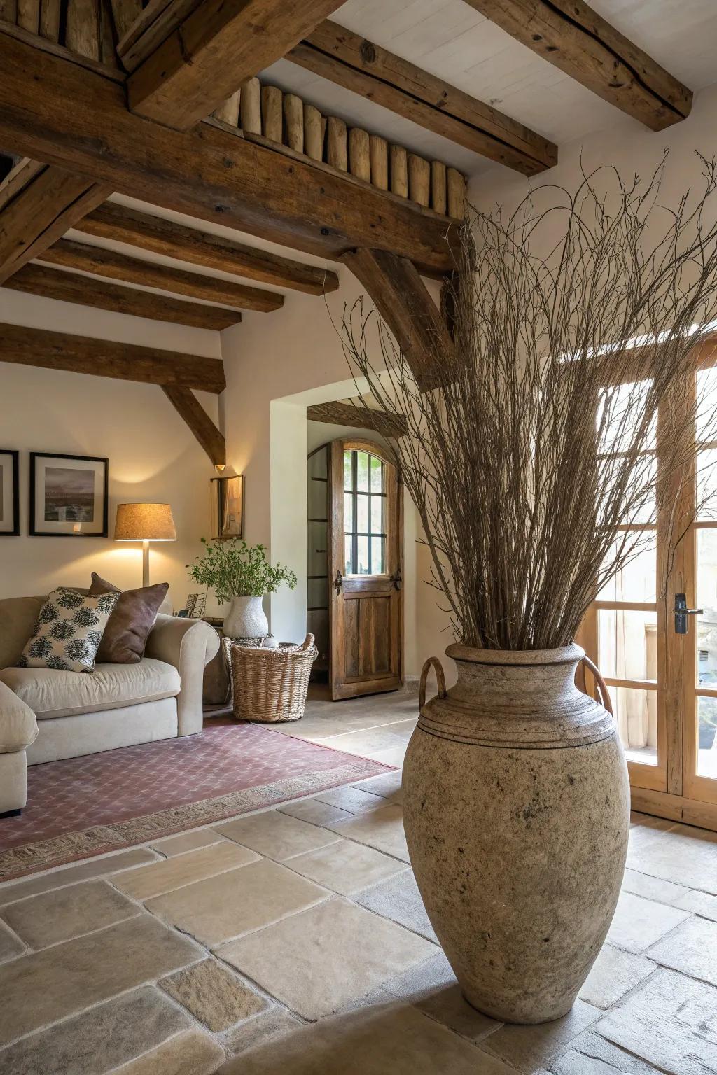 The sleek surface of a ceramic vase is complemented by earthy elements like twigs and natural fibers.