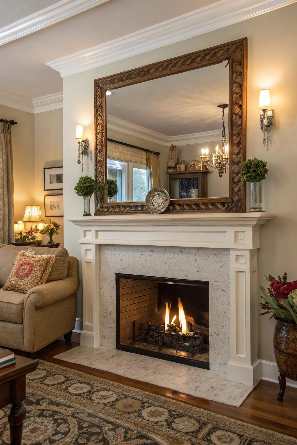 A reflector over the mantle enriches the fireplace's allure and focus.
