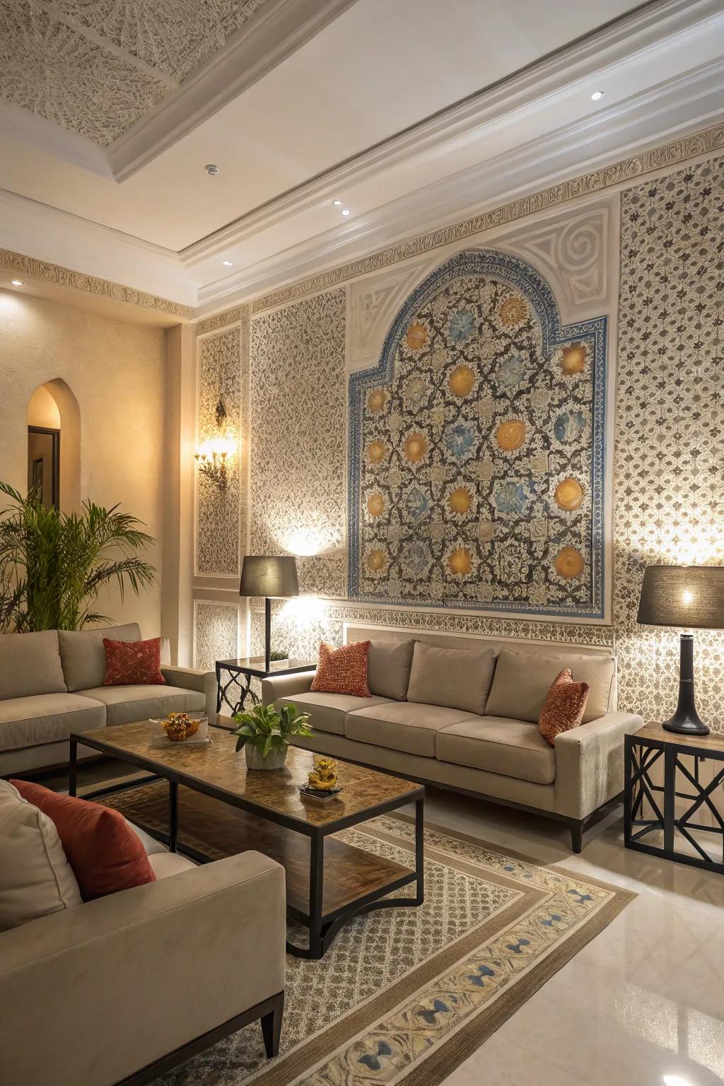 Artistic family room showcasing stunning wall tiling.