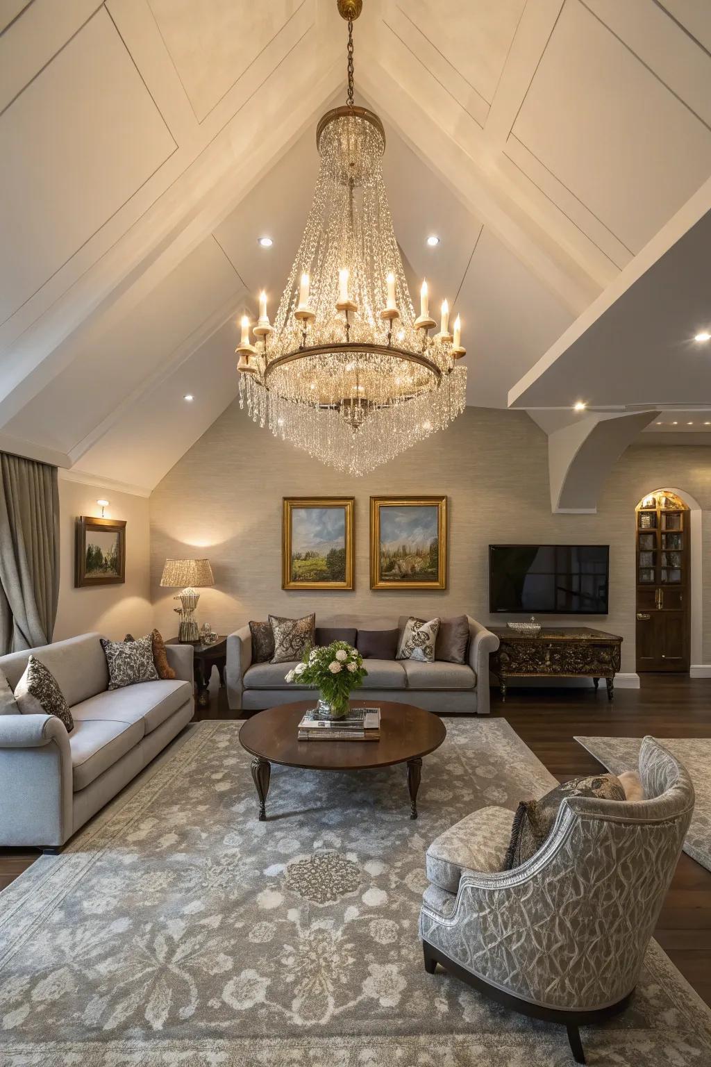A statement chandelier brings luxury to a high ceiling.