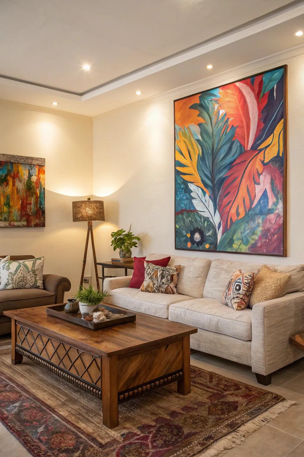 A large abstract painting serves as a striking focal point.