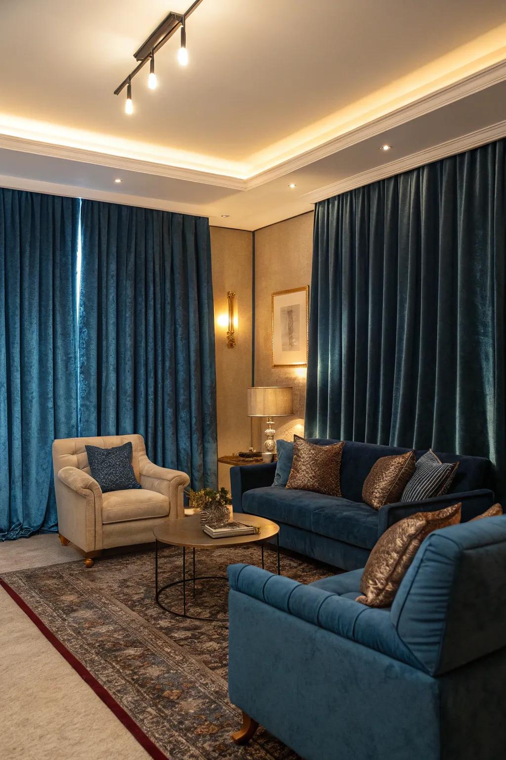 Lavish textures like velvet amplify the elegance of blue curtains in this refined living space.