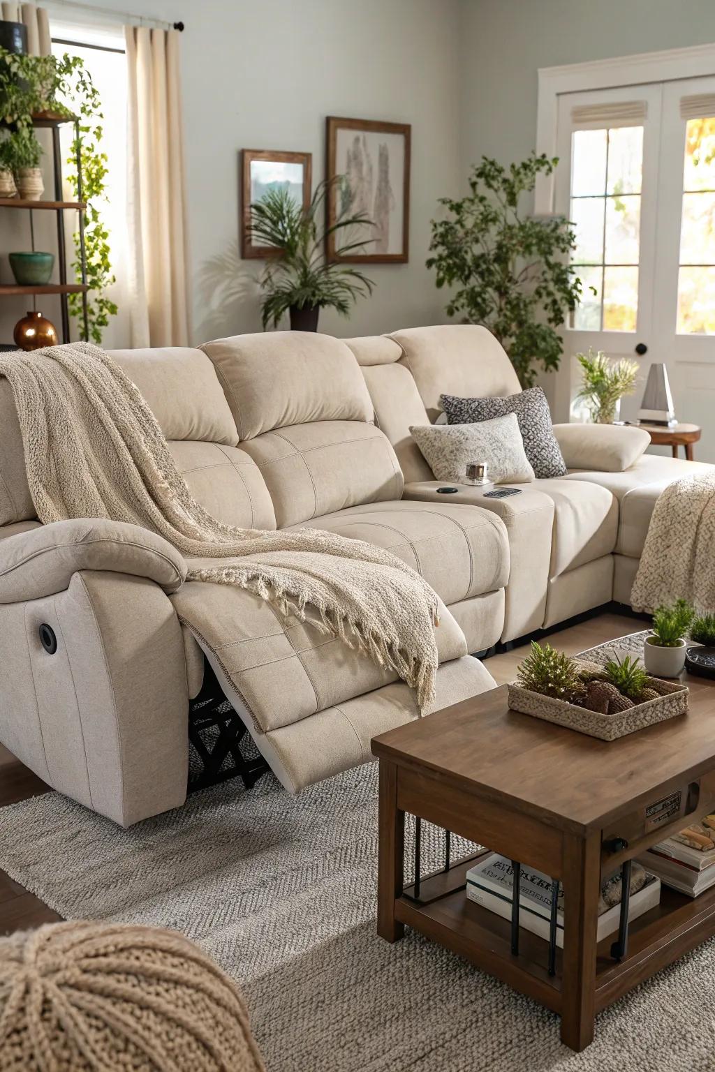 A smooth integration of coziness with a recliner complemented by a sectional sofa.