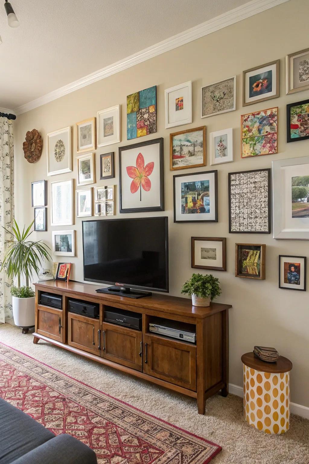 A decorative wall feature enlivens the TV area.