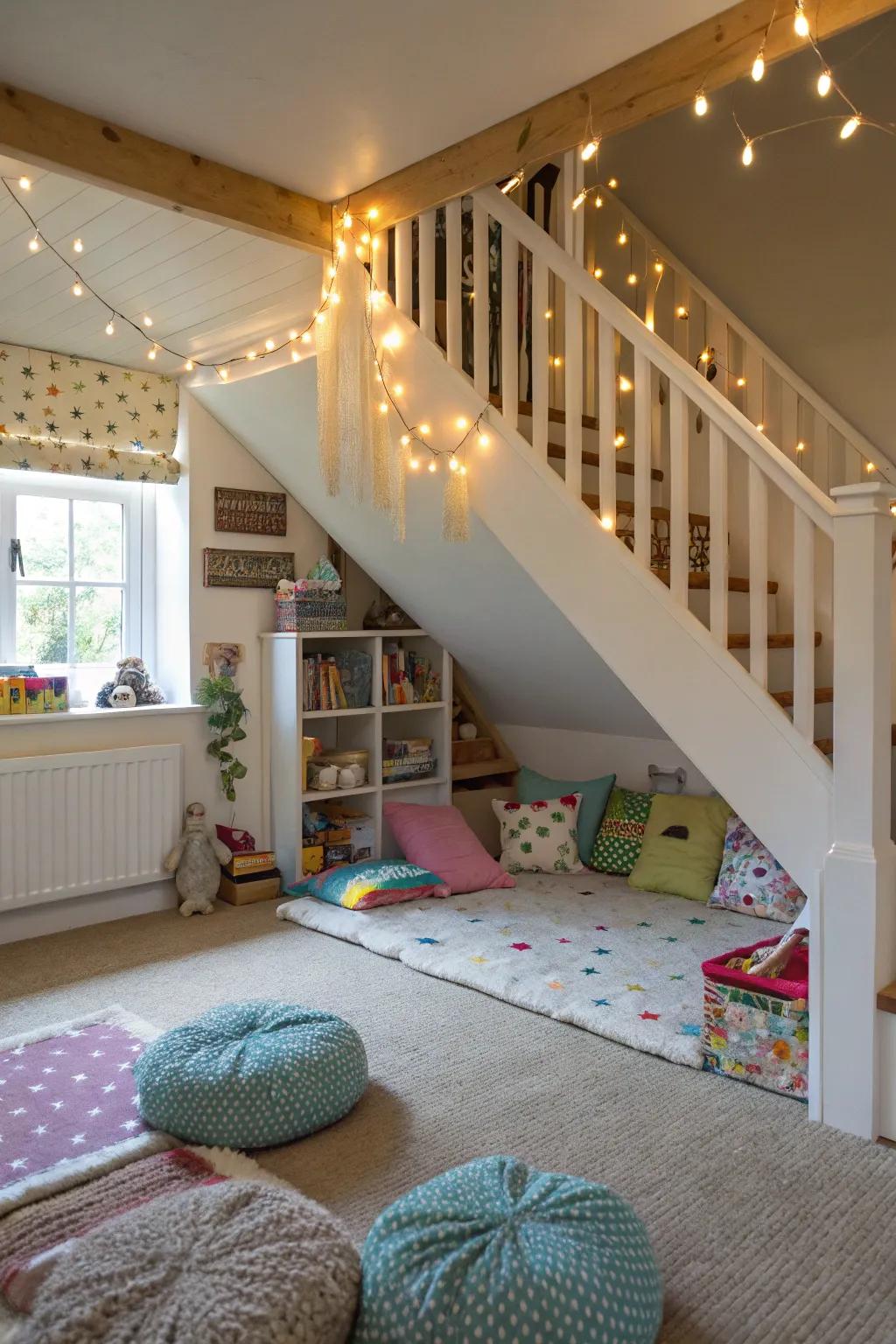 A secret sanctuary under the stairs presents a cozy retreat.