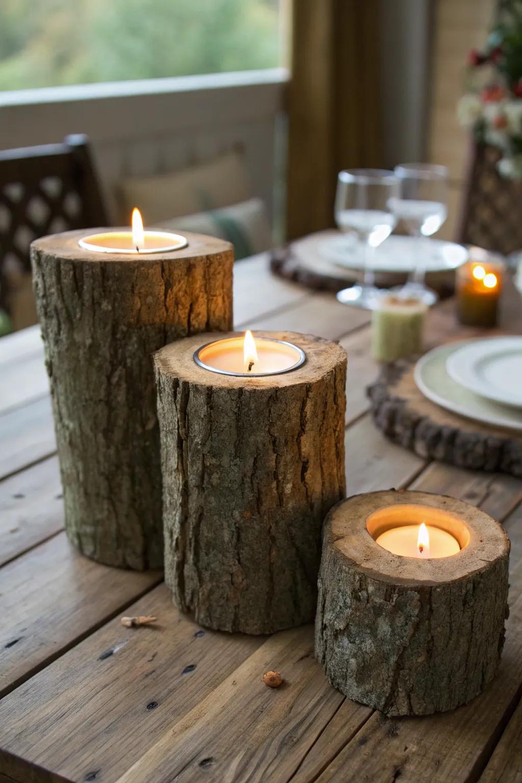Log candle holders emitting a gentle, warm light.
