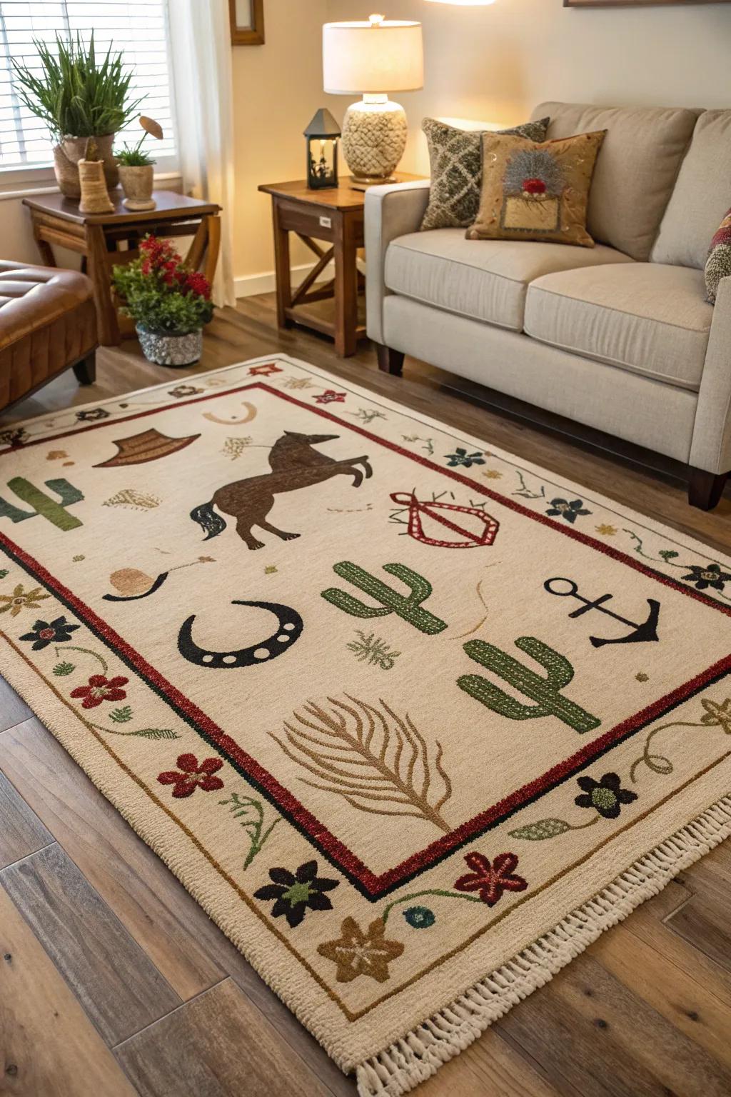 Western-themed area rugs contribute character and warmth.