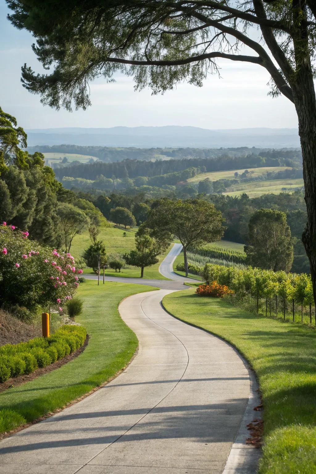 A curved driveway captivates with its sophisticated, twisting layout.