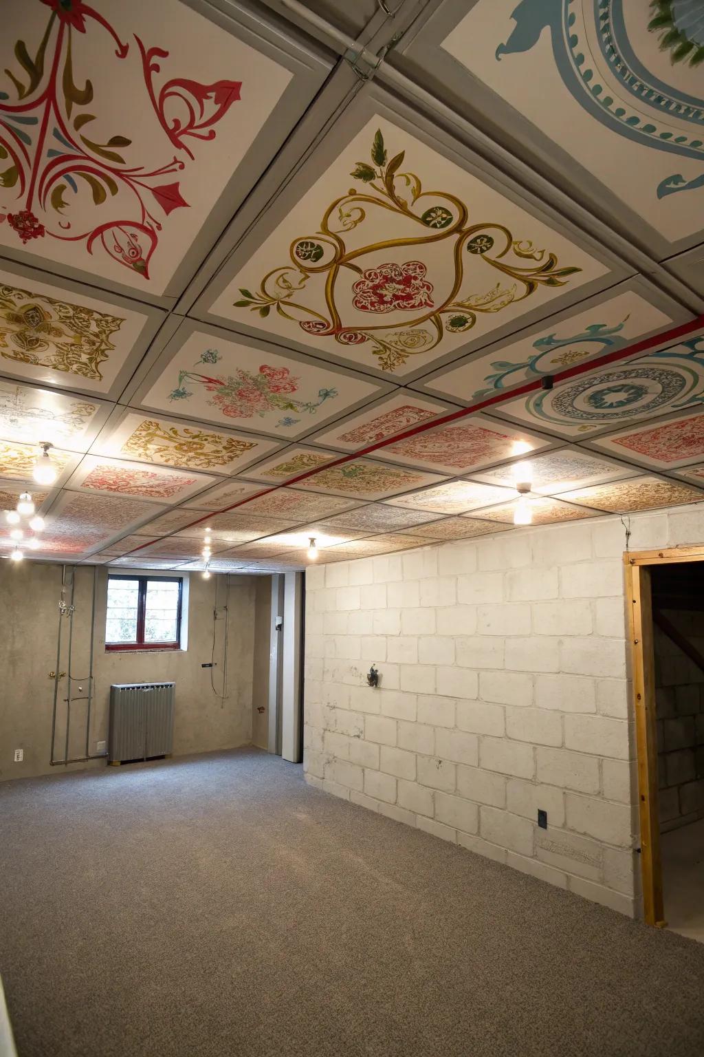 Painted paneling enhances the depth of a basement ceiling.