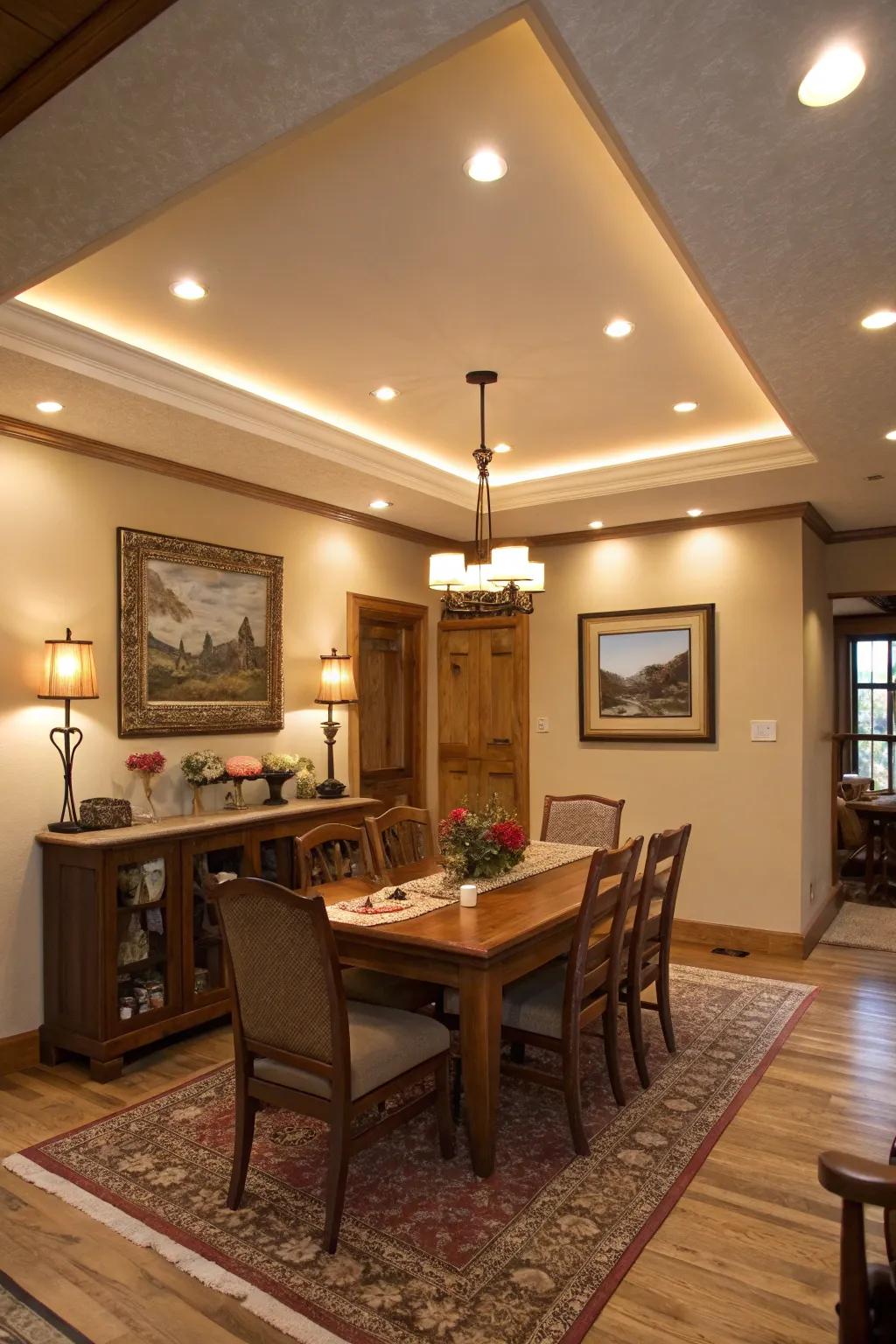 Minimalist recessed lighting in a dining space.
