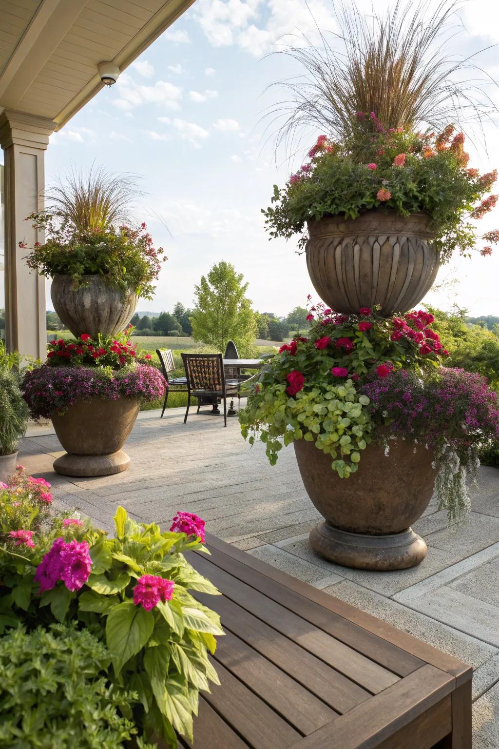 Large pots on a patio introduce color and need very little care.