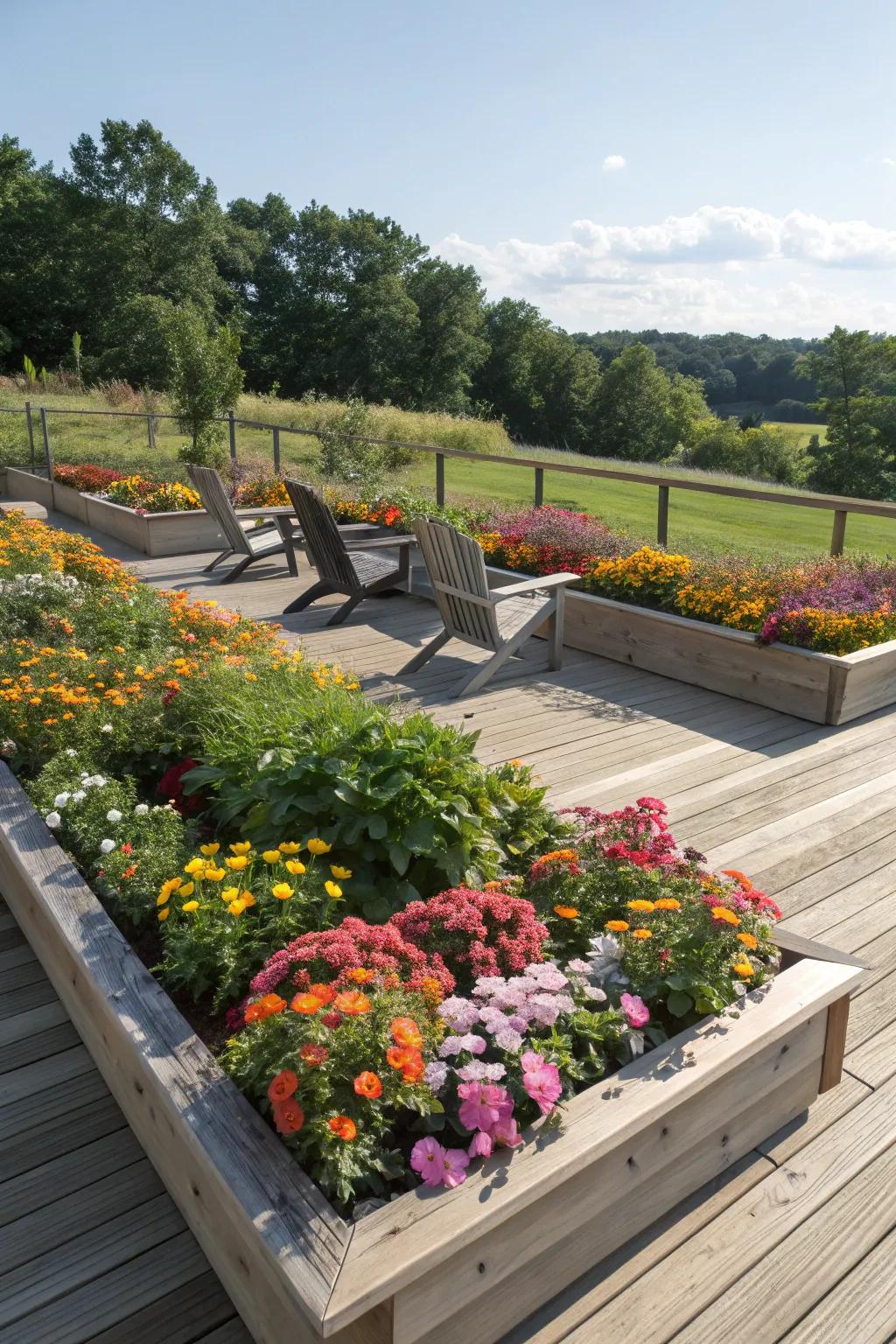 Elevated planting beds brimming with vibrant blossoms enveloping a deck.