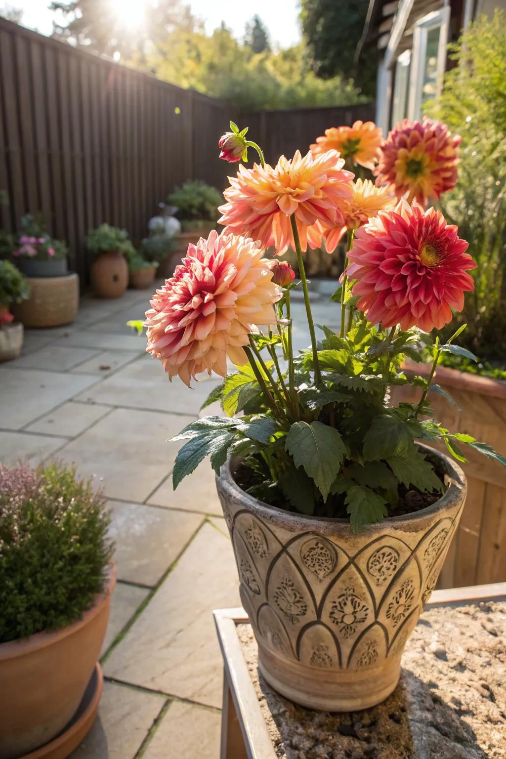 Dahlias enhancing a sunny garden outdoor area with dramatic flair.