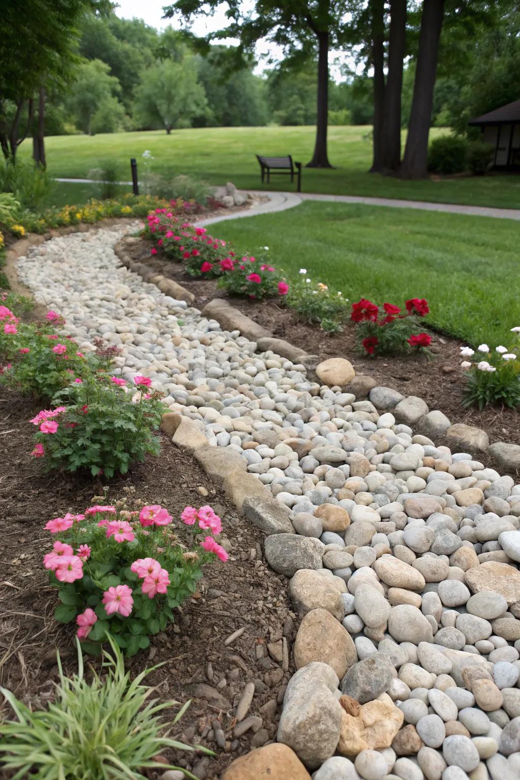 Consider river stones as a fashionable and practical mulch alternative.