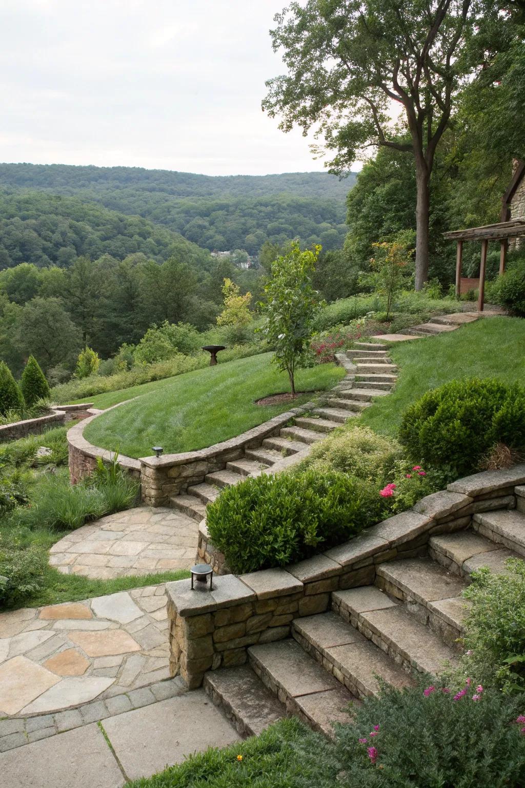 Walkways and steps render traversing a sloping garden uncomplicated and delightful.