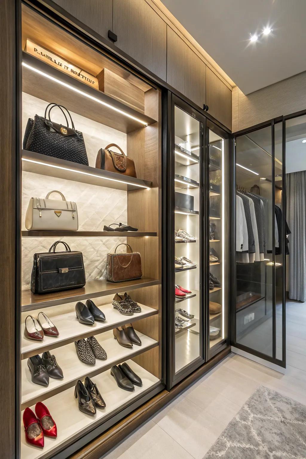 Open shelves presenting a thoughtfully arranged selection of footwear and handbags.