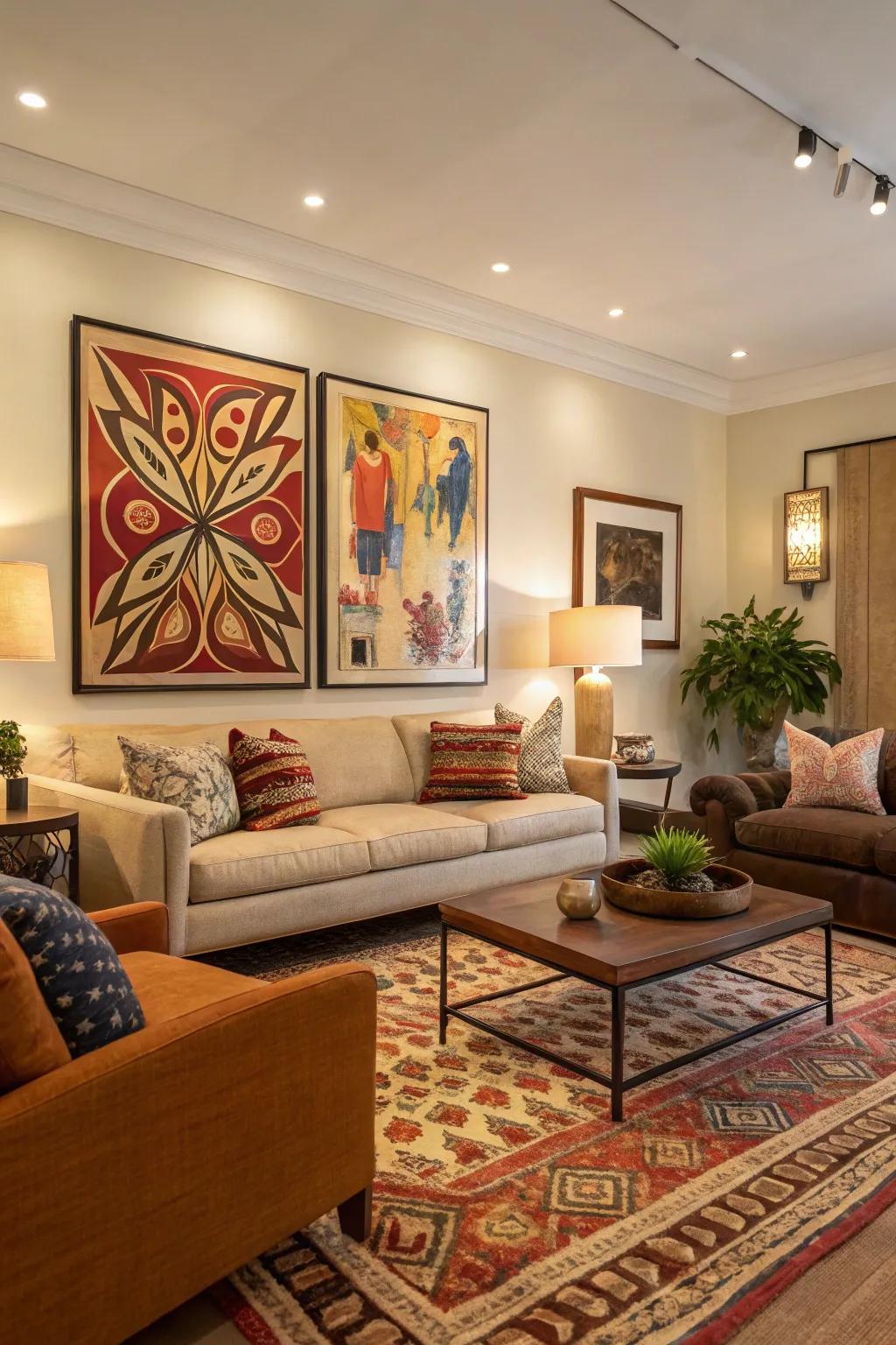 A striking art piece makes a bold statement in this glamorous living space.