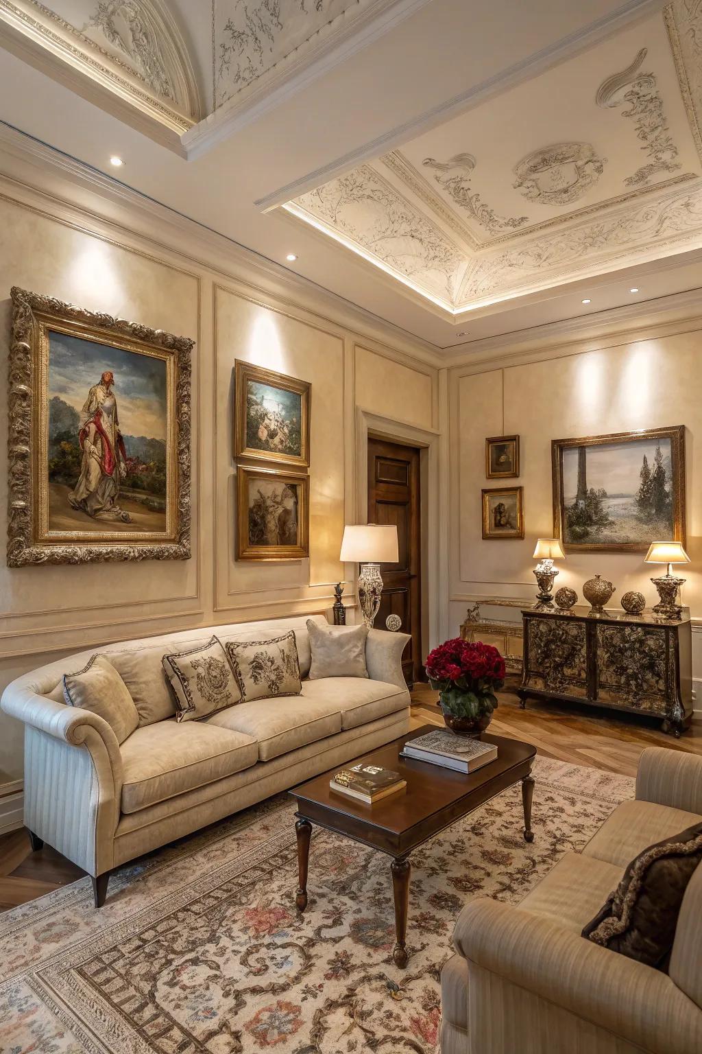 Exquisite artwork enhances the sophistication of this living space.