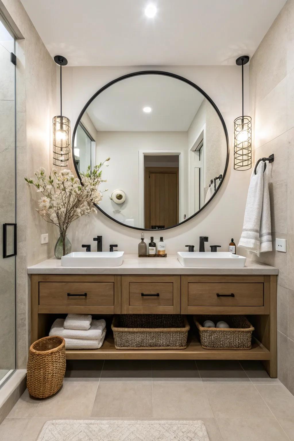 An extra large mirror enhancing the space within a contemporary bathroom.