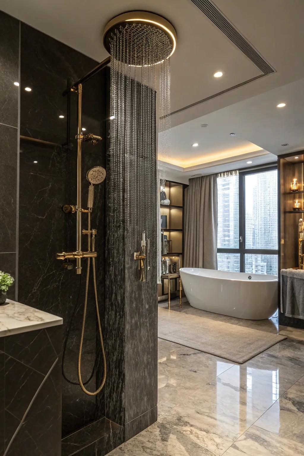 A luxury bathroom showcasing high-quality fixtures including a rain shower.