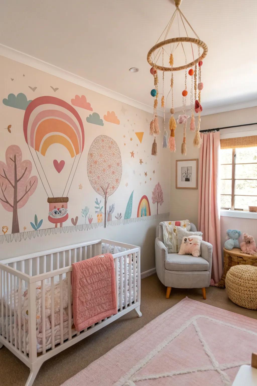 A nursery with unique decorations like a large piece of wall art and a fun mobile.
