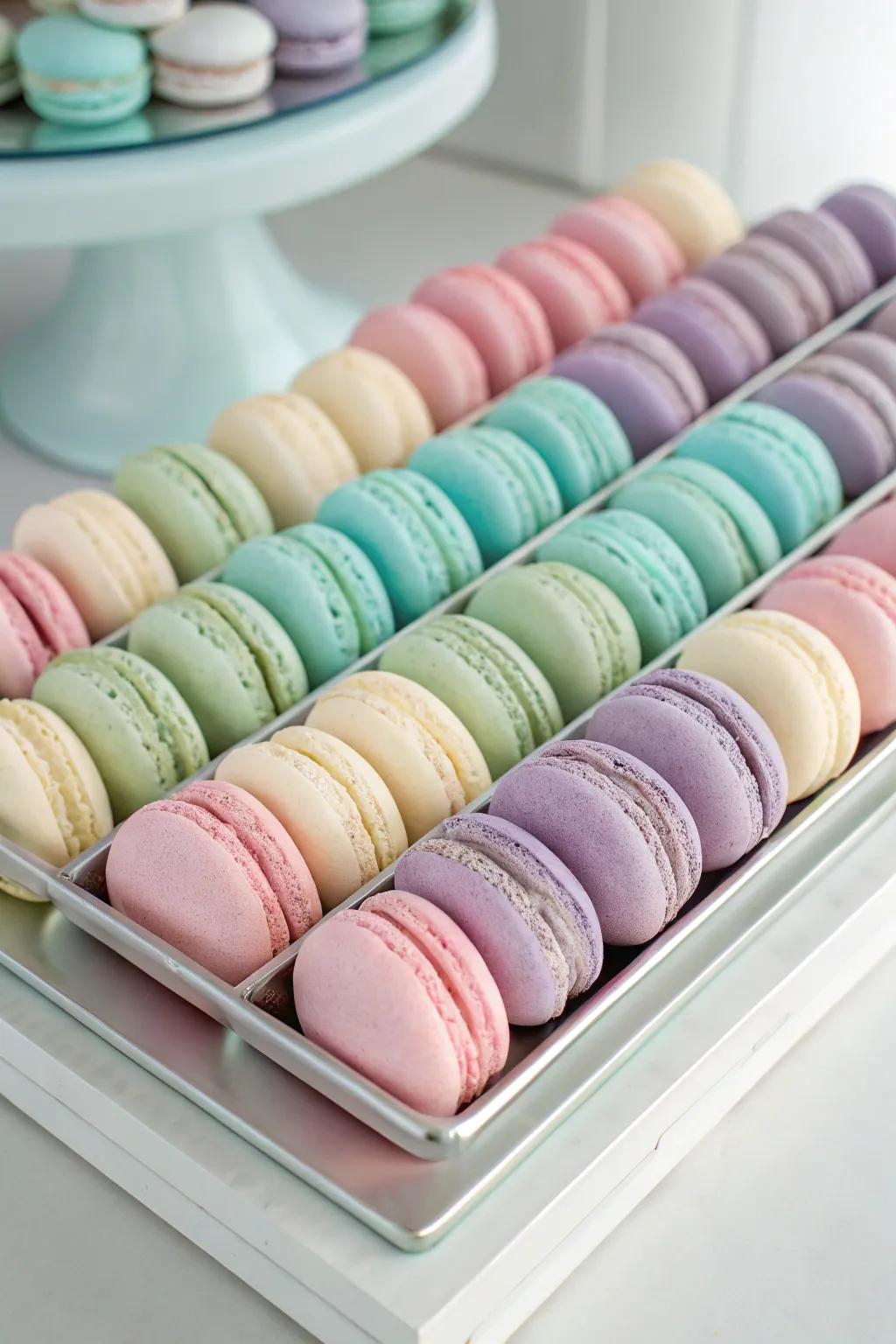 Uniform color macarons in delicate tints.