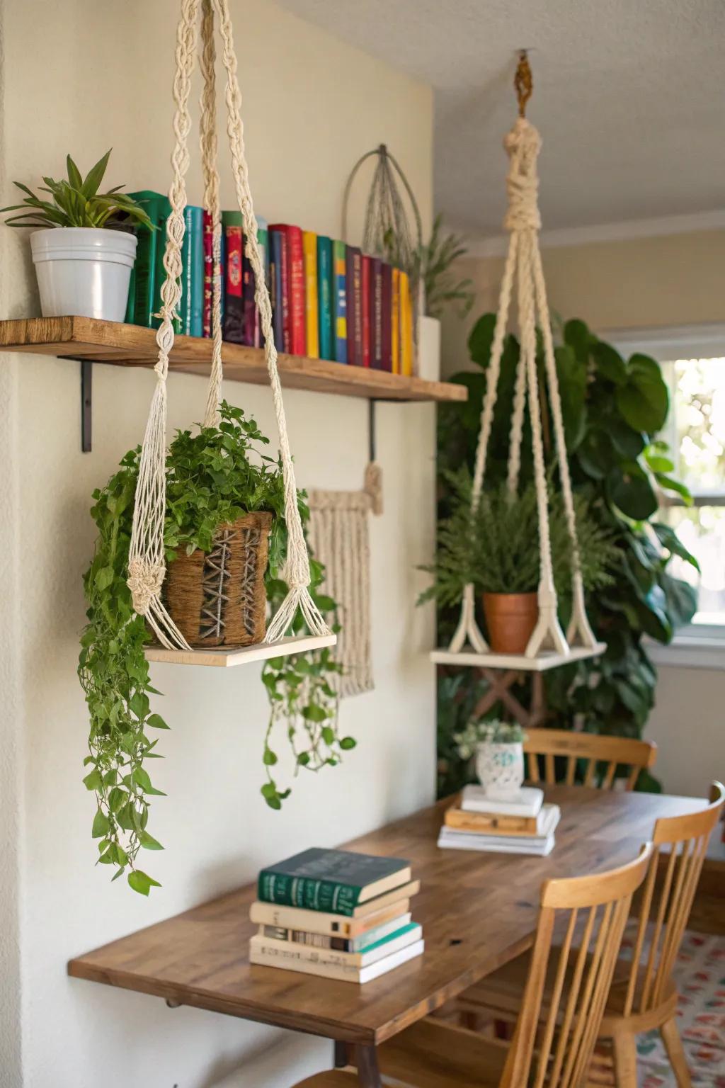Woven levitating shelves deliver charm and storage capabilities.