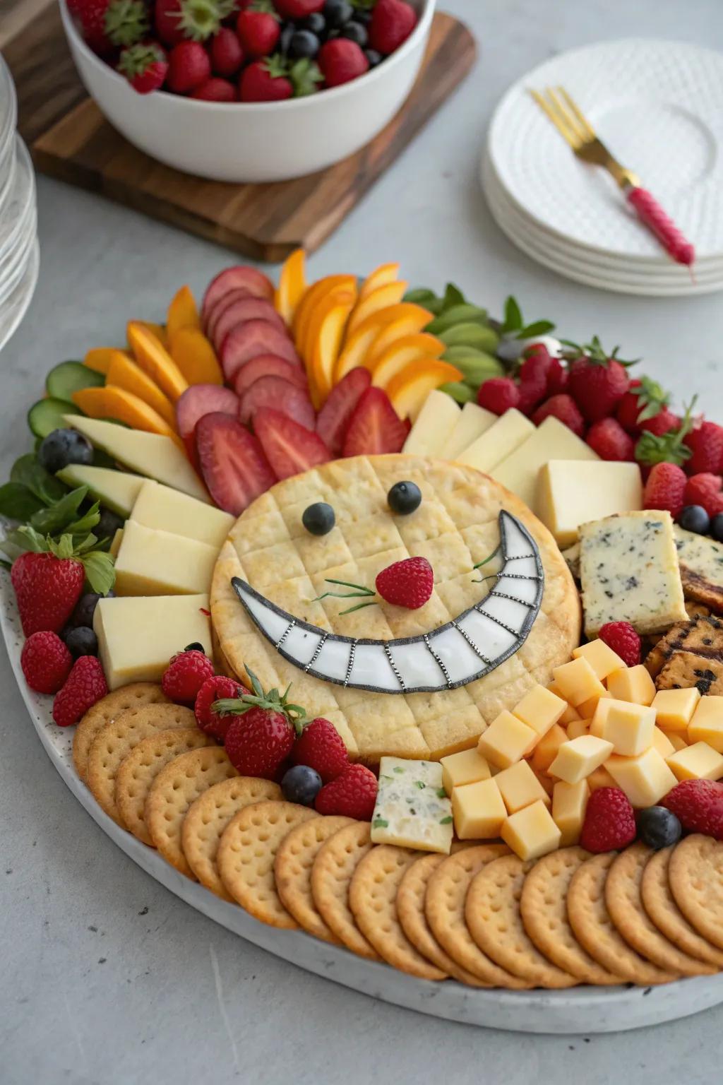 A Cheshire Cat cheese board featuring bites arranged into a whimsical grin.