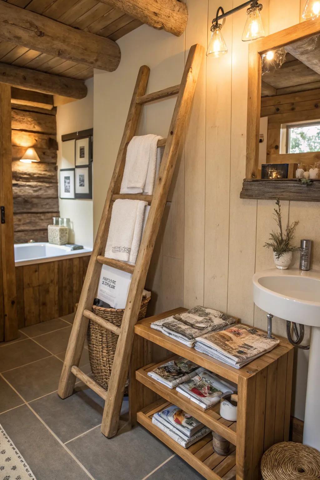 Ladder shelves introduce a country-style touch with additional storage.
