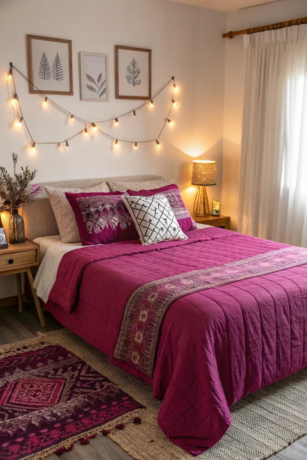 Fuchsia bedding adds a hint of warmth and coziness to this welcoming bedroom.