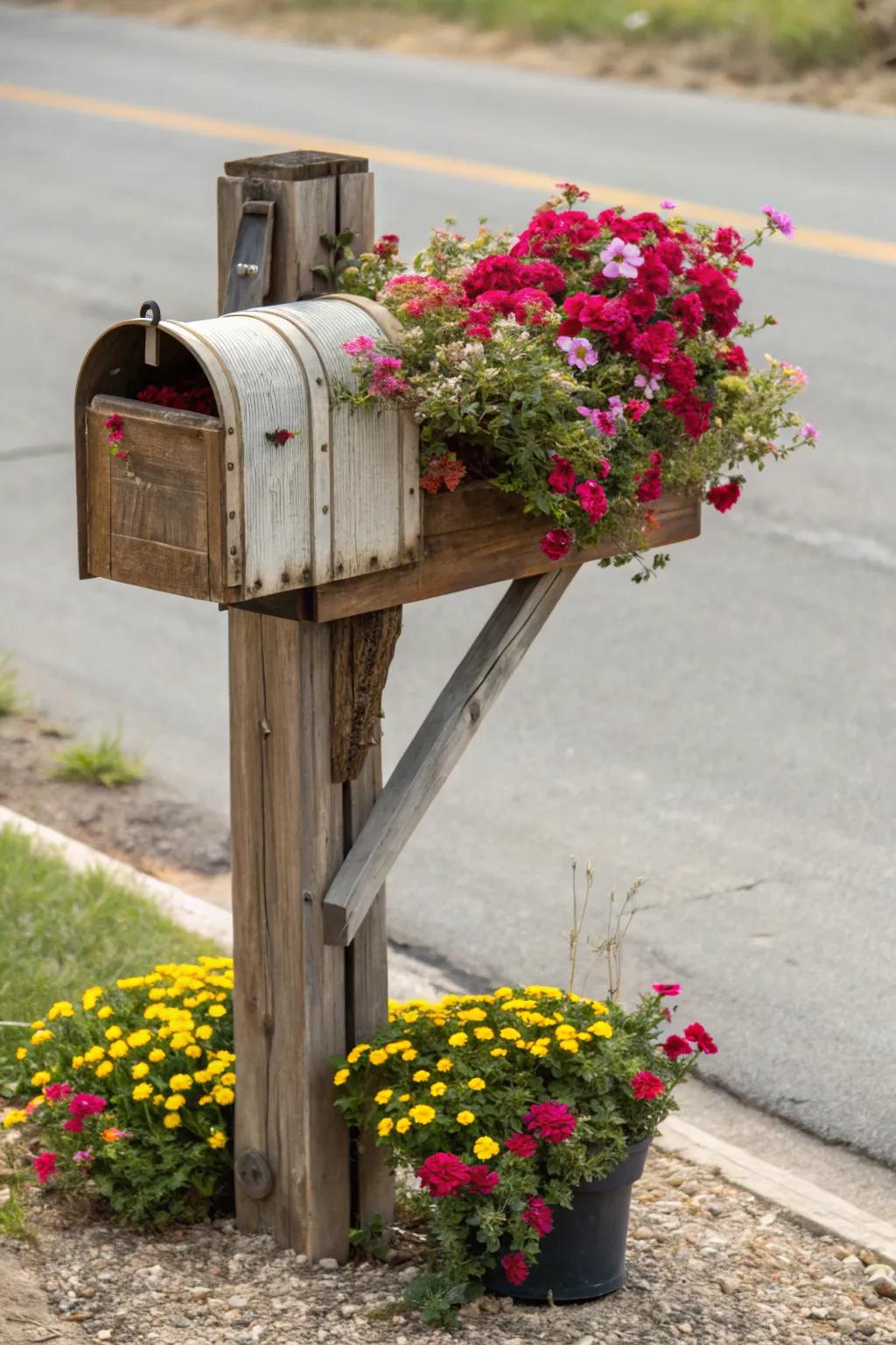 Timber features add warmth and an organic feel to mailbox planters.